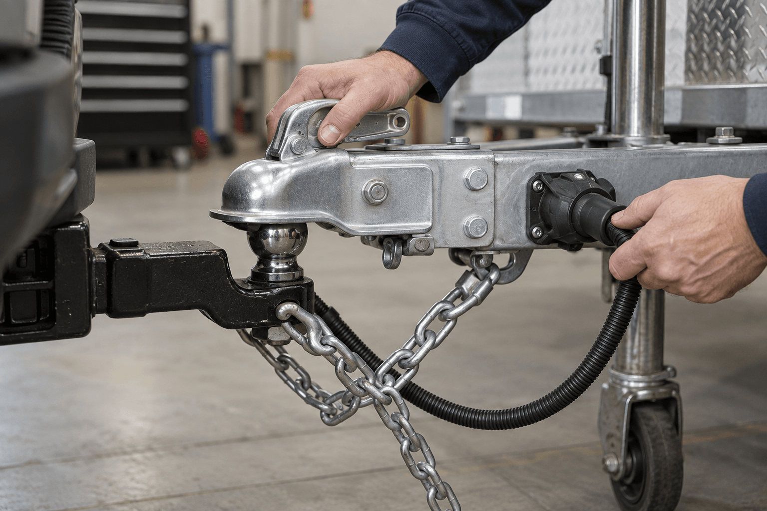 Routine trailer hitch and safety-chain inspection, illustrating evidence and safety issues relevant to the Clinton County rollover investigation.