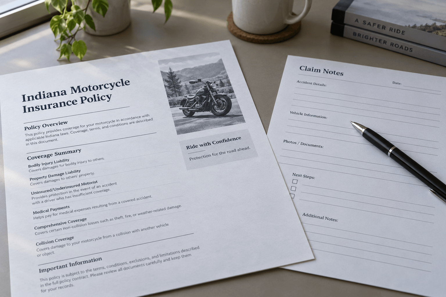 Motorcycle insurance documents representing coverage questions after a single-vehicle crash in Indiana.