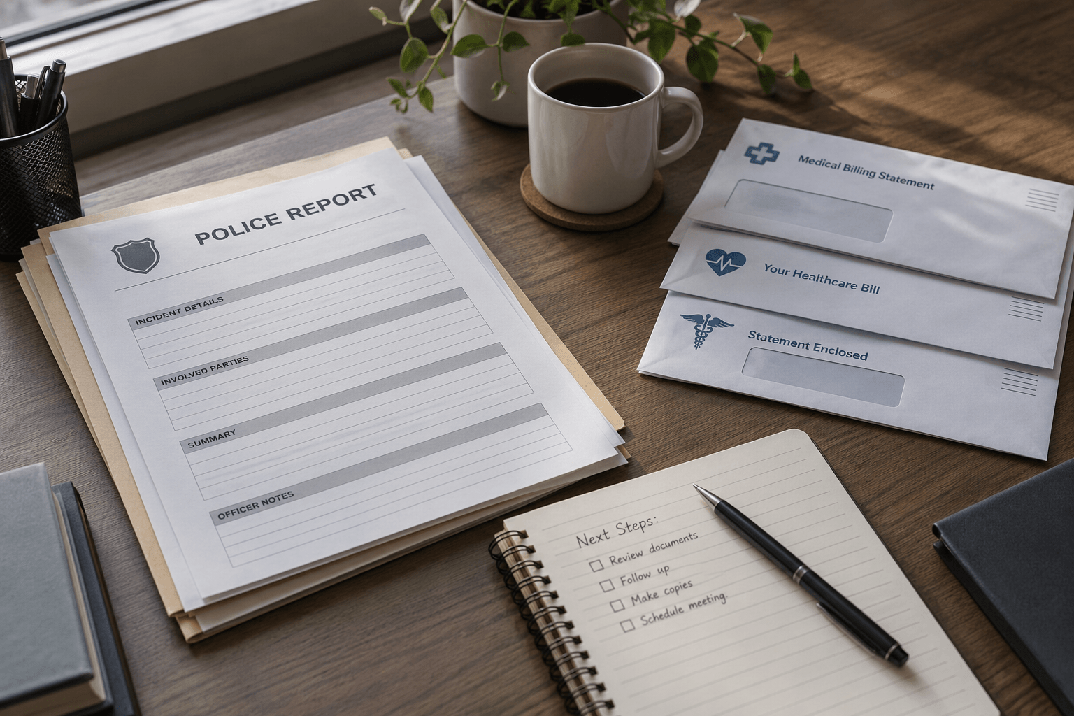 Police case notes and medical records illustrating documents an injured person may preserve after an Evansville incident.