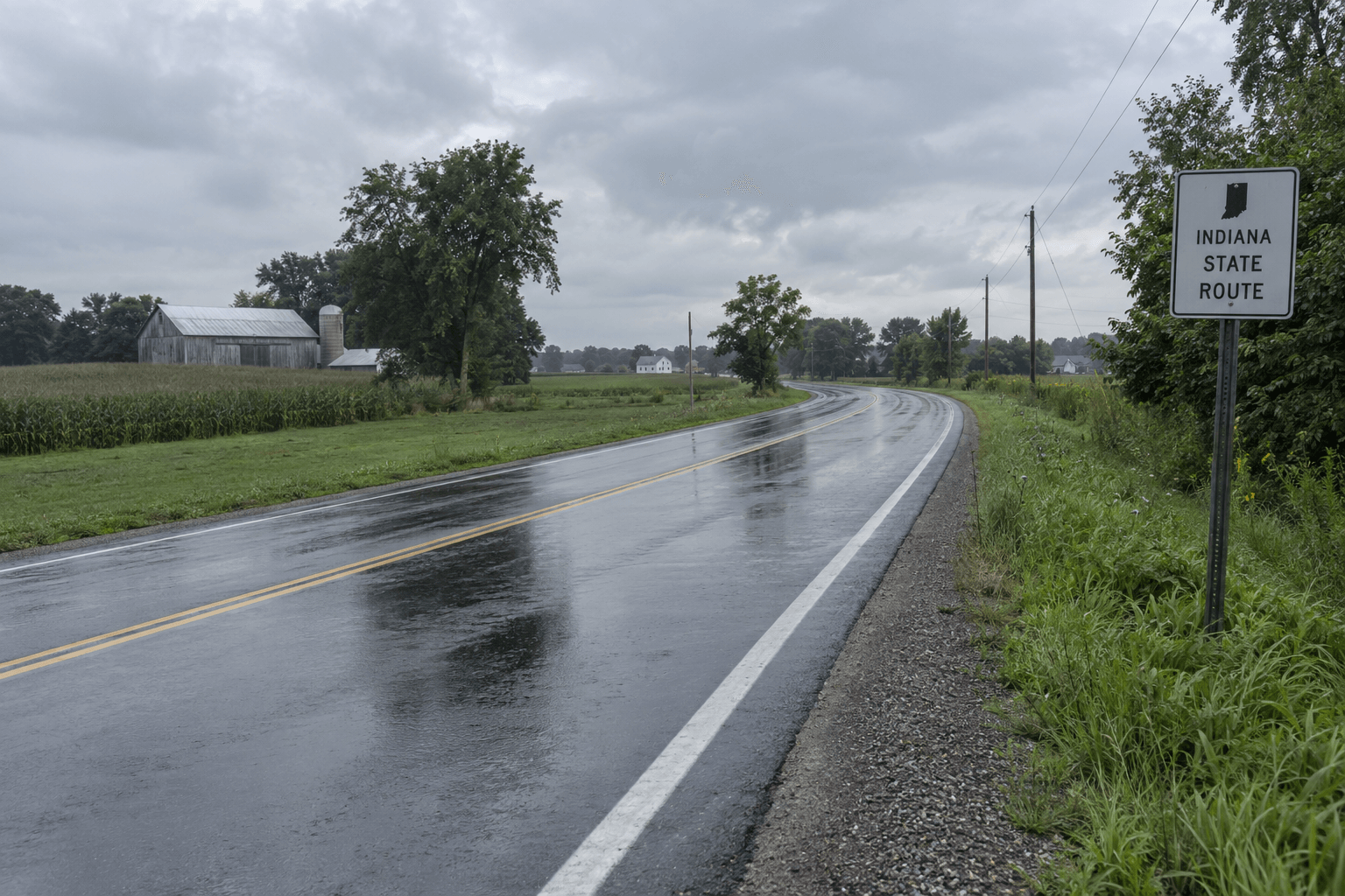 Wet curve on State Road 120 in Elkhart County, where two drivers were hurt near County Road 17.