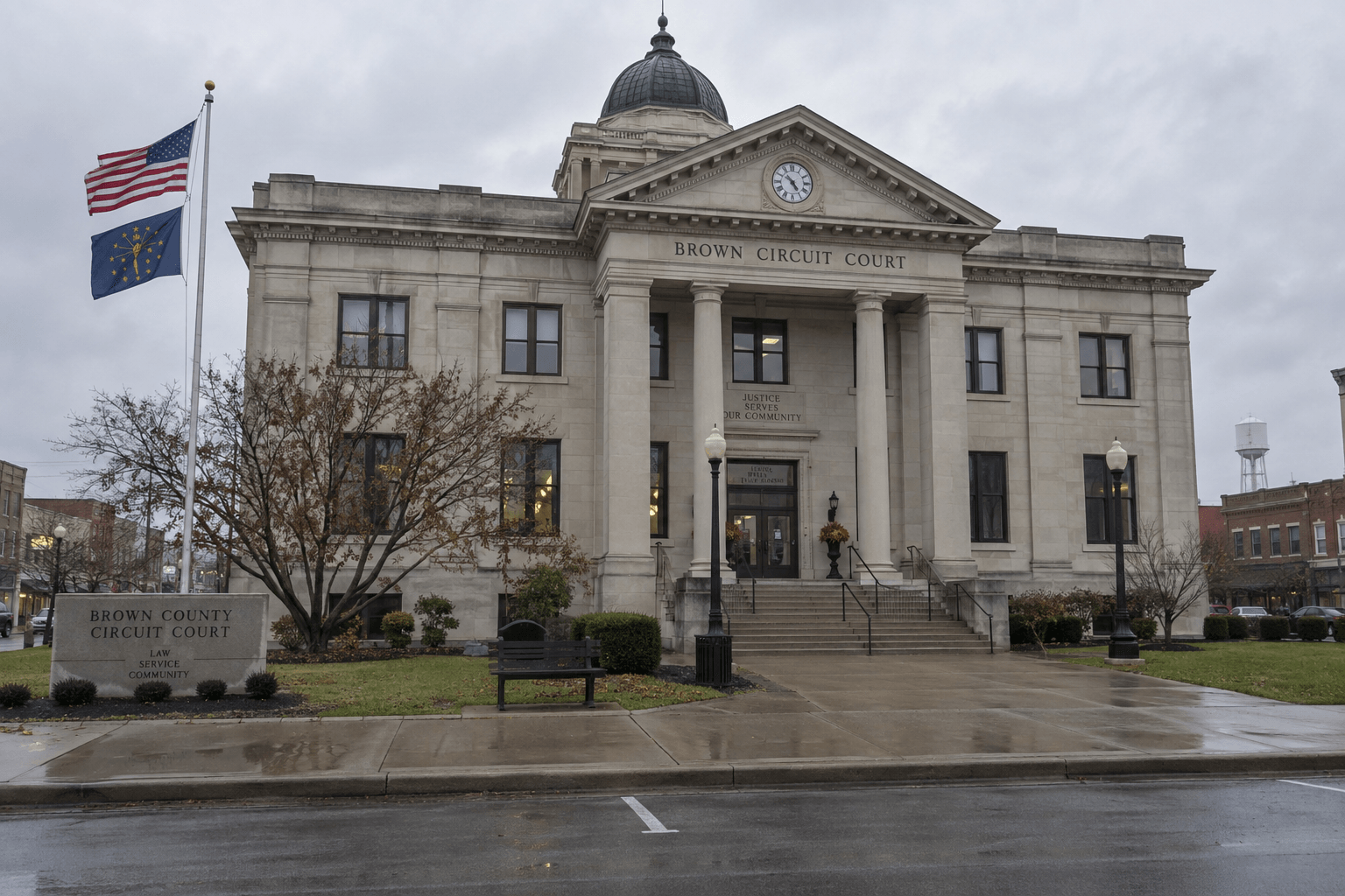 Indiana county courthouse exterior representing the Brown Circuit Court proceedings connected with the State Road 135 hit-and-run charge.