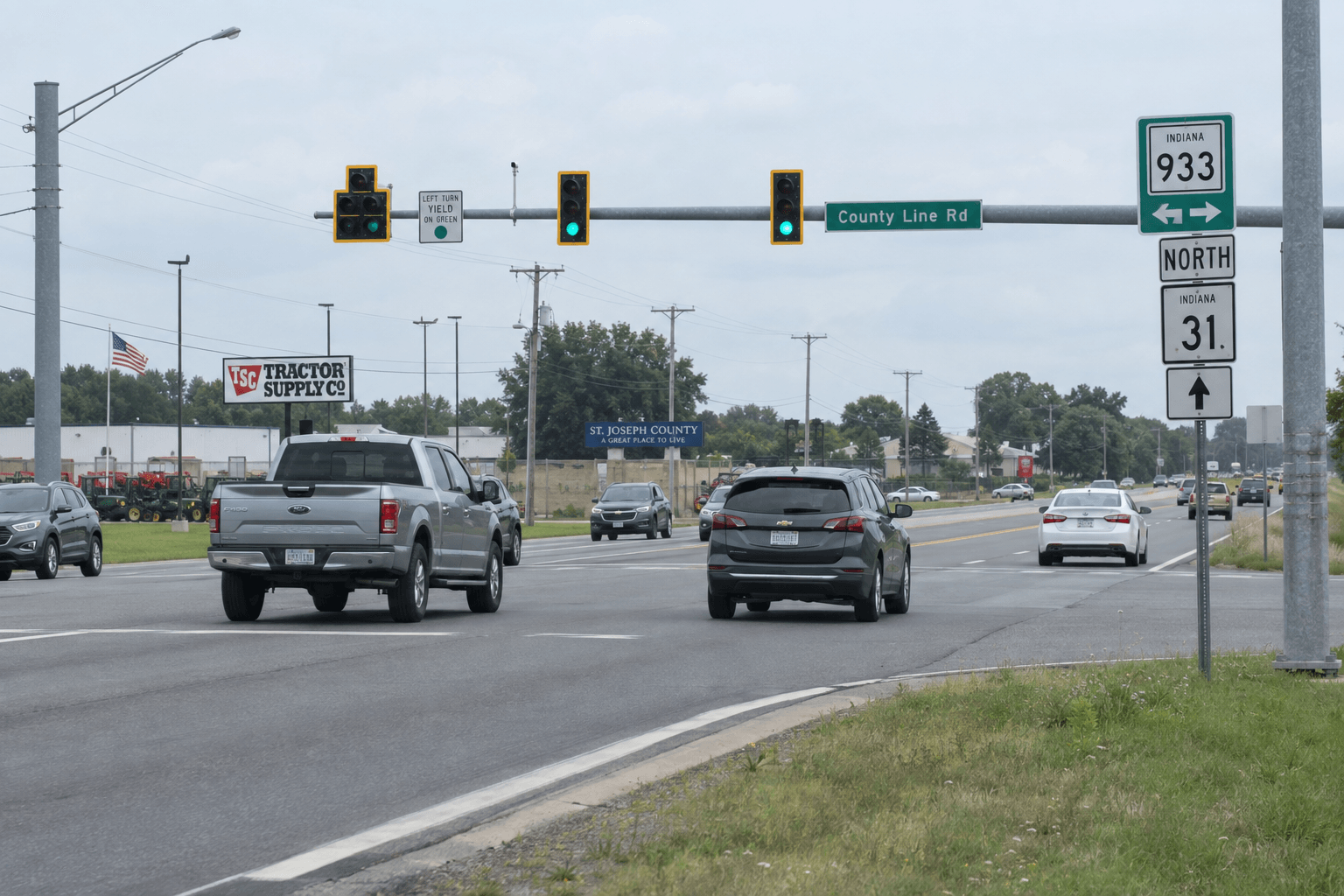 A state highway intersection in St. Joseph County, illustrating the setting of the State Road 2 and Timothy Road crash.