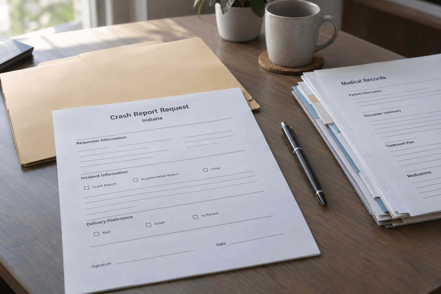 Crash report and medical paperwork representing records that may matter after an Indiana vehicle collision.