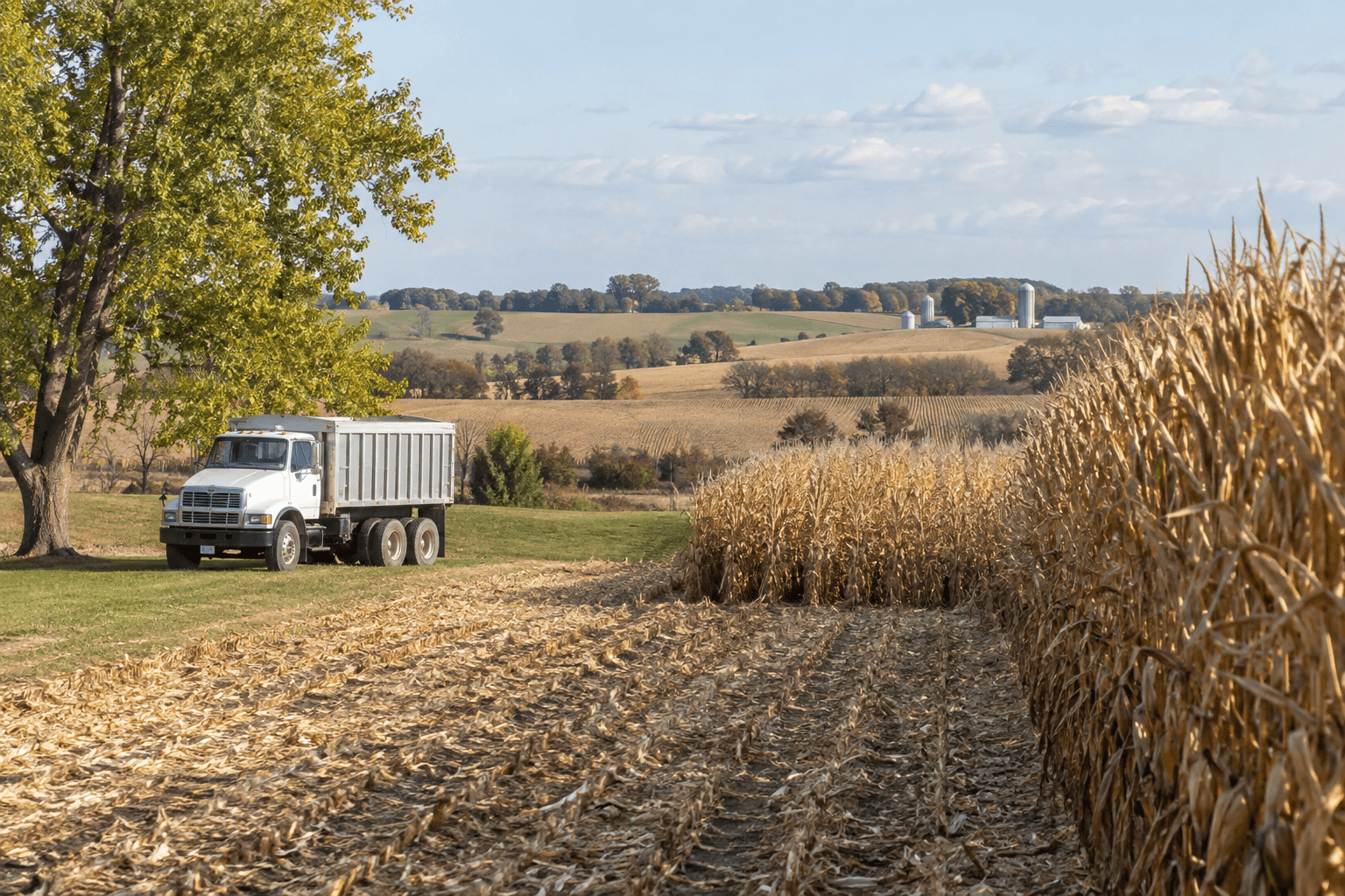 An undamaged farm truck beside an Indiana field, illustrating farm vehicle traffic near Etna Green during harvest season.