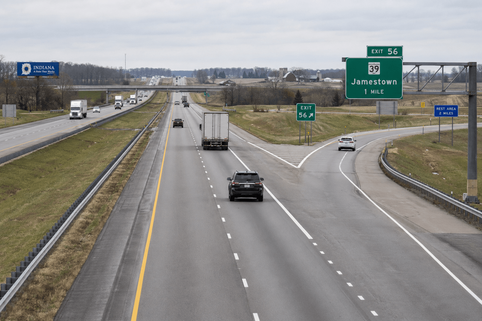Interstate 74 near Jamestown, Indiana, where a fatal crash involving a semi and passenger vehicle was reported.
