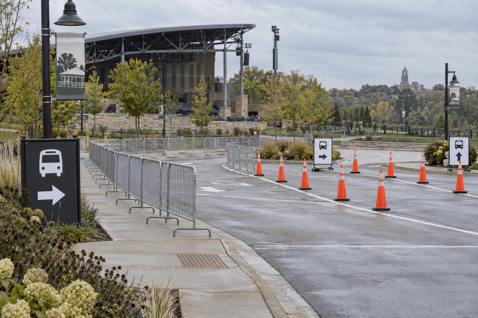 Shuttle pickup area at an outdoor event venue in Tippecanoe County, reflecting transportation planning issues reported after the concert.