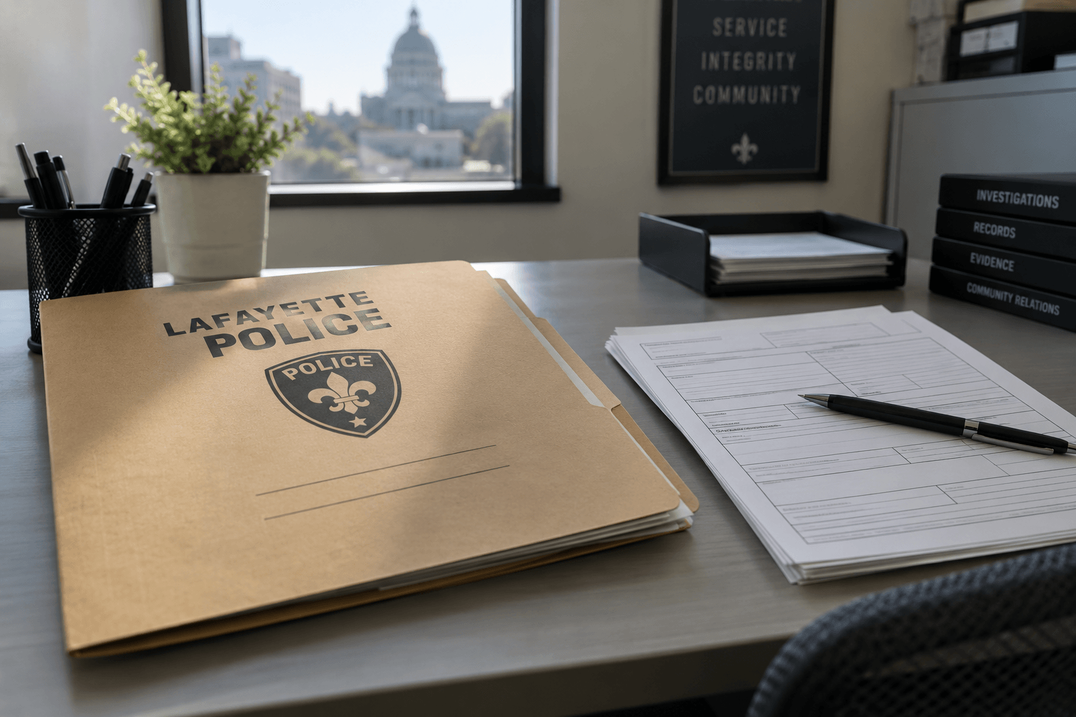 Generic police records and incident paperwork illustrating the ongoing Lafayette investigation into the reported State Road 38 gas station battery.