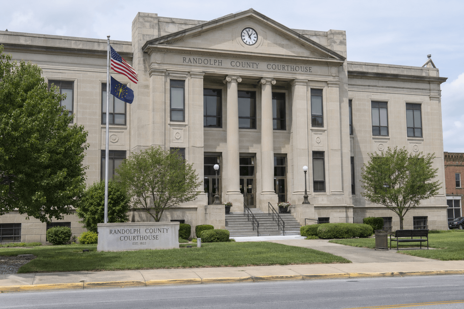 County courthouse exterior representing the Randolph Circuit Court bond proceedings in the Lynn Town Marshal case.