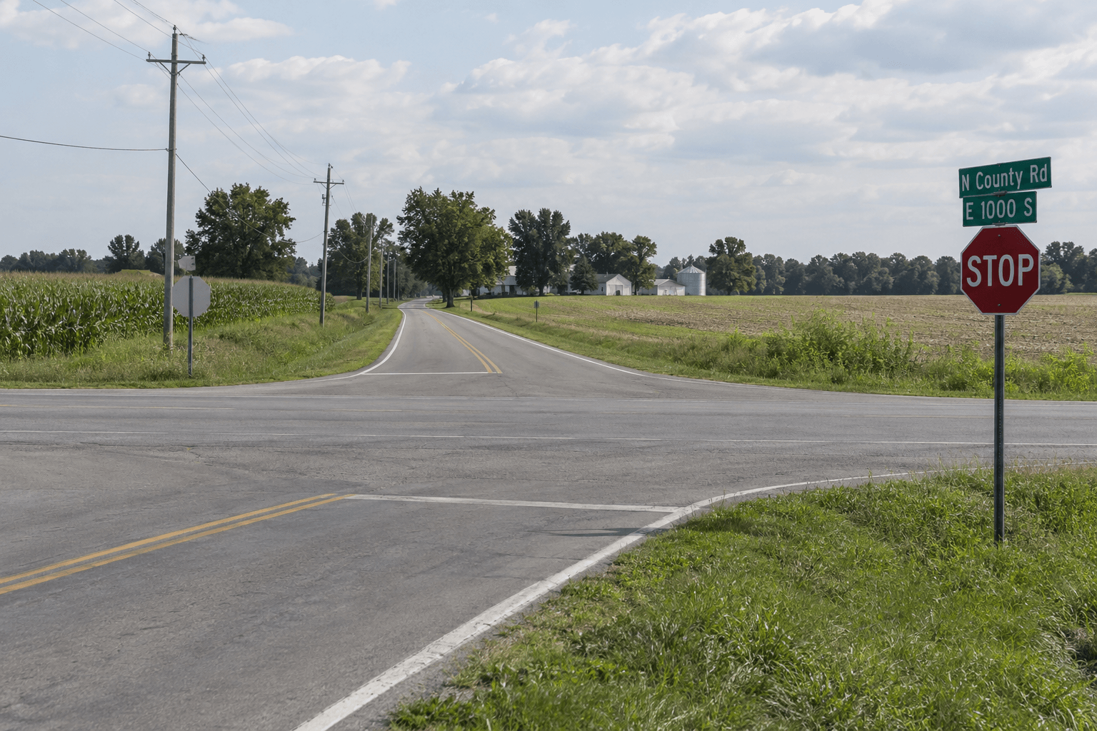 Highway intersection scenery near Lynn in Randolph County, relevant to the fatal pursuit crash near US 36 and US 27.