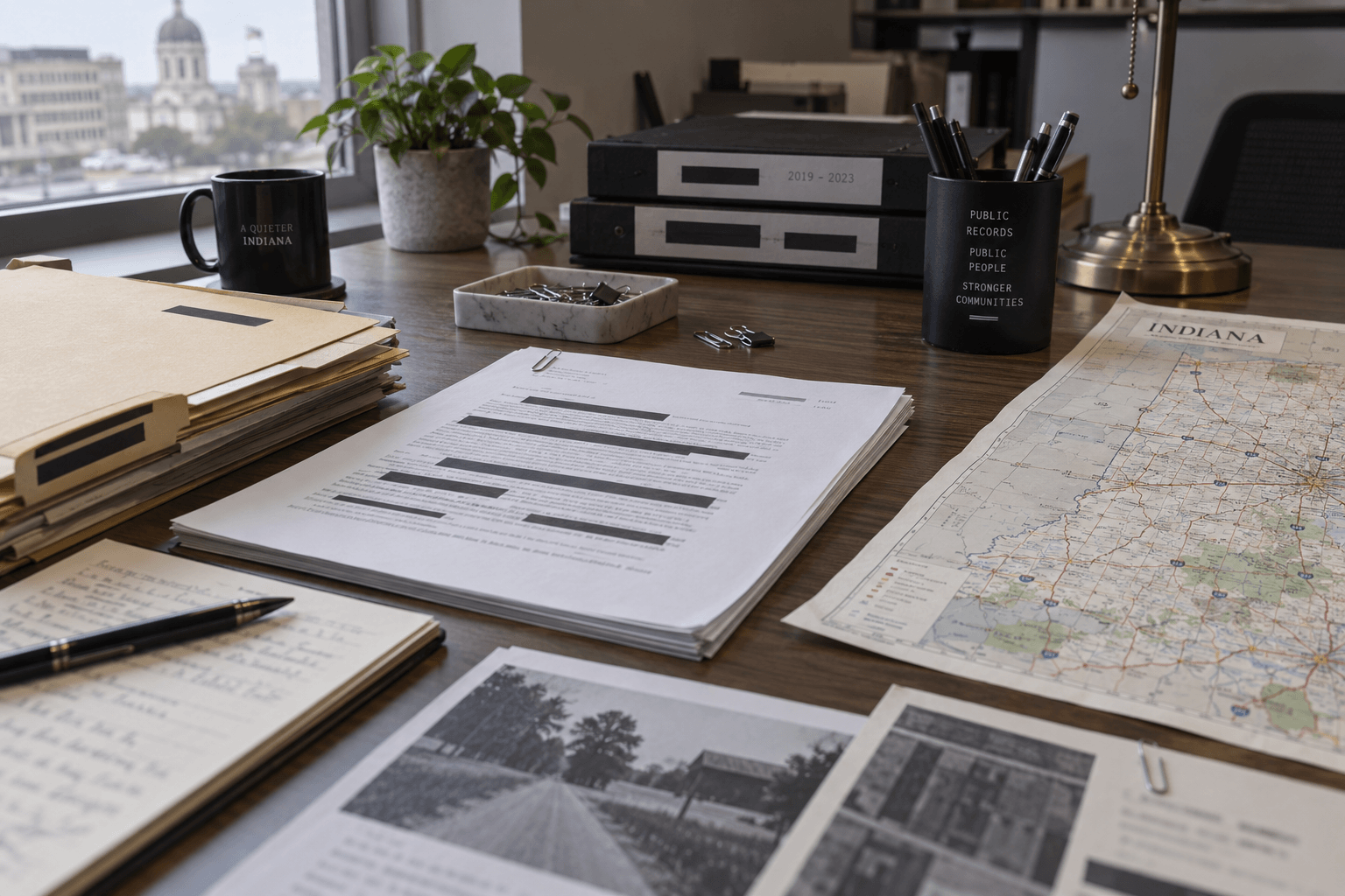 Public records and an Indiana map illustrating crash-report, court-file, insurance, and deadline review after a Randolph County fatal crash.