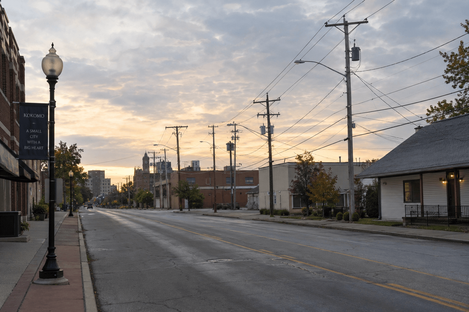 An urban street with utility poles in Kokomo, illustrating the roadside setting of the West Superior Street rollover investigation.