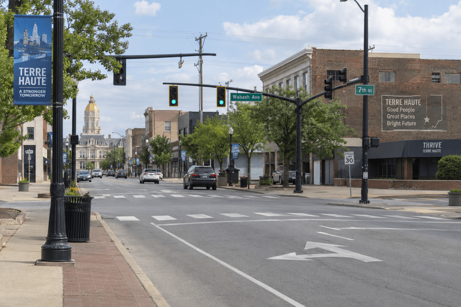City intersection streetscape in Terre Haute, Indiana, providing context for the reported serious bodily injury crash.