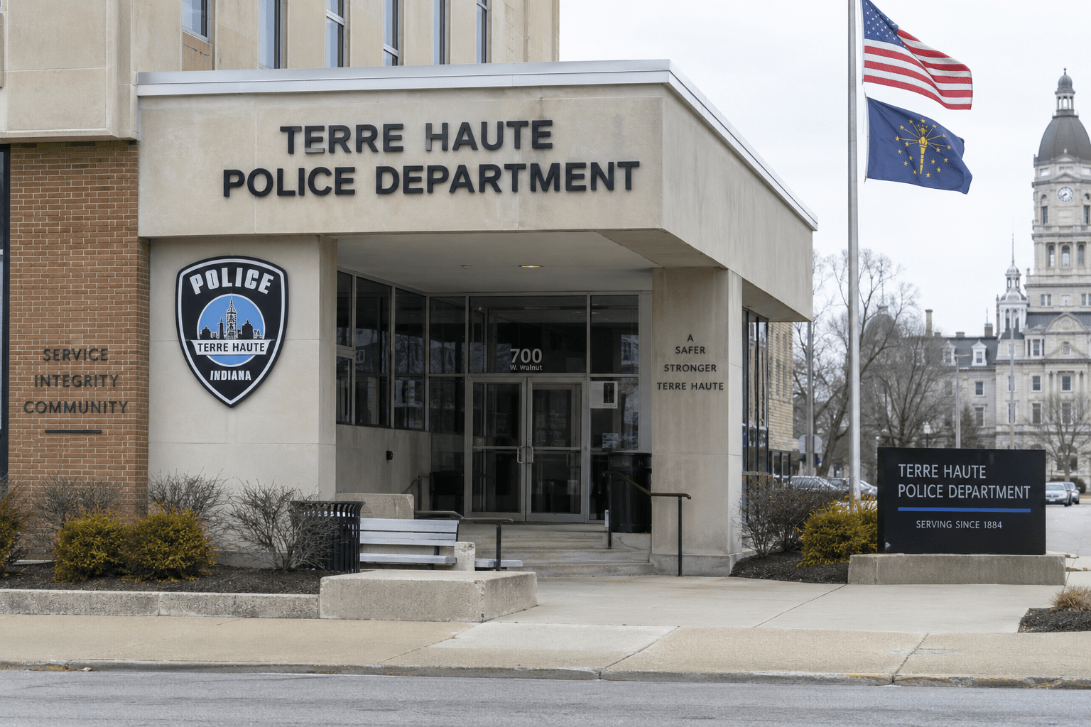 Police department exterior in Terre Haute, relevant to the ongoing investigation of the truck and motorbike collision.