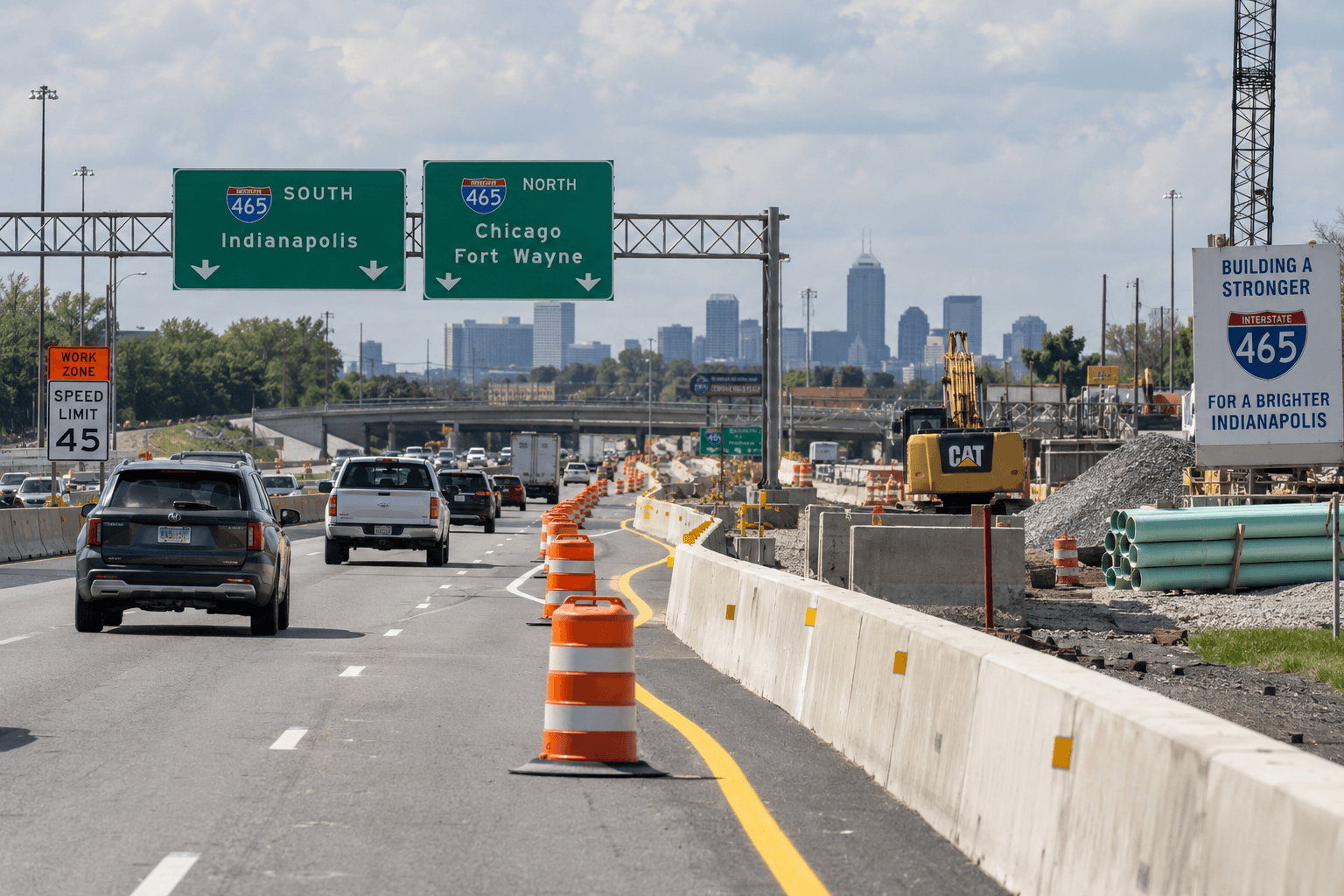 Lane shifts and concrete barriers in an I-465 work zone in Indianapolis, where drivers must navigate limited space around construction.
