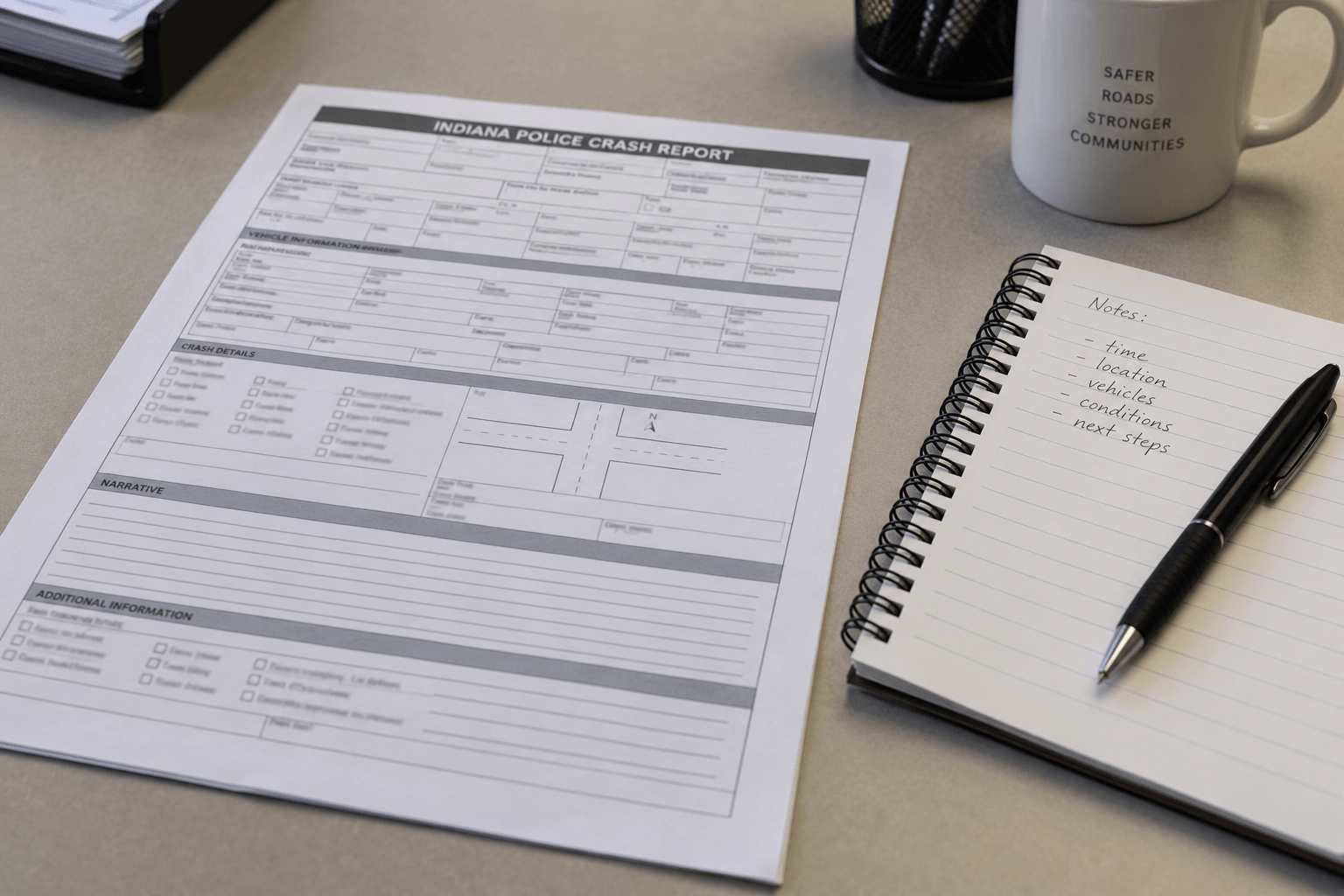 Crash-report paperwork representing the records and evidence that may matter after an Indianapolis highway collision.