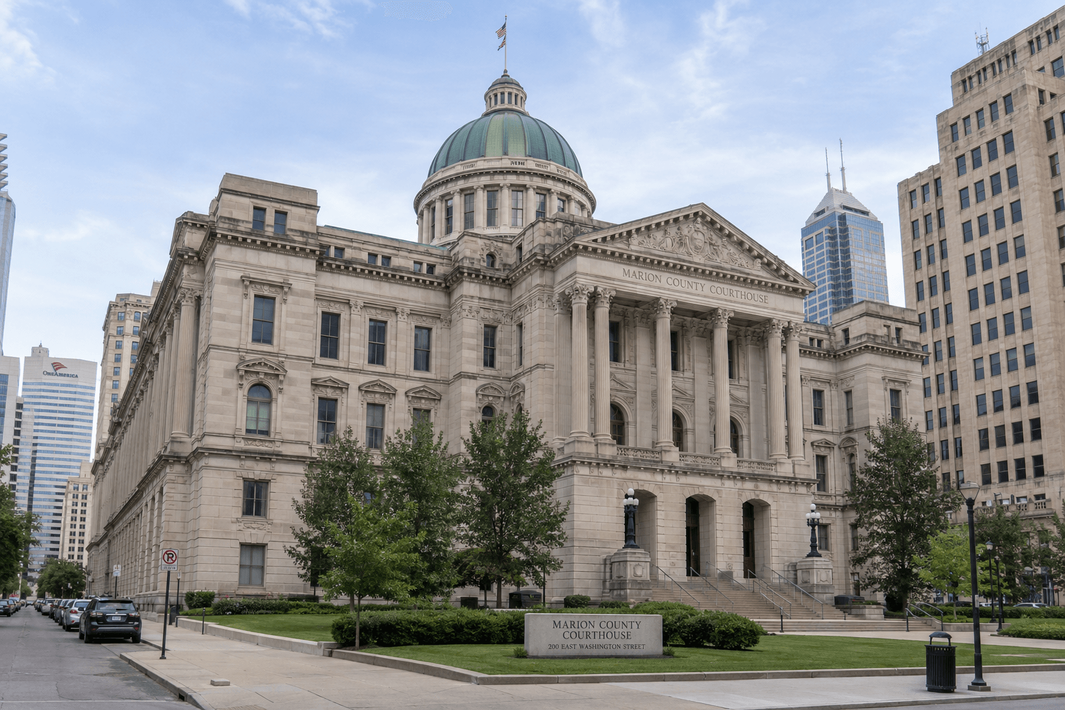 Marion County courthouse in Indianapolis, where a civil claim arising from a local crash may ordinarily be filed.