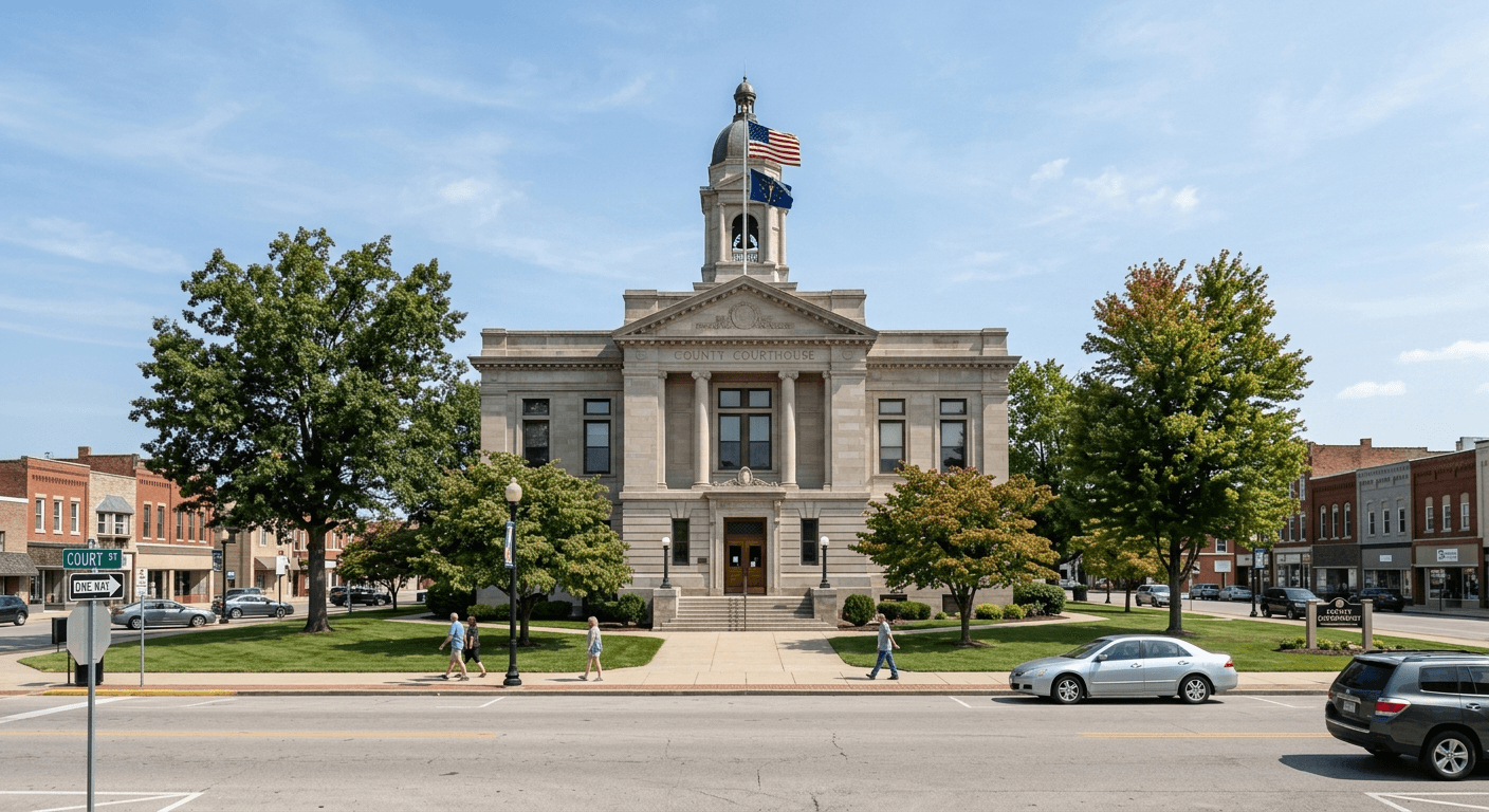 Indiana county courthouse exterior representing legal proceedings that may follow a fatal crash in Elkhart County.