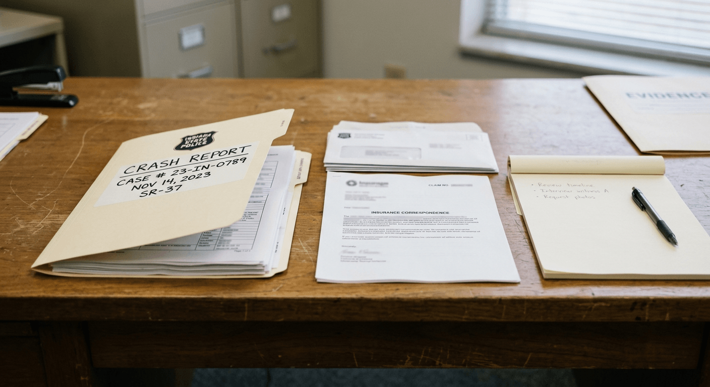 Crash report and insurance records representing documents families may preserve after a Fort Wayne hit-and-run.