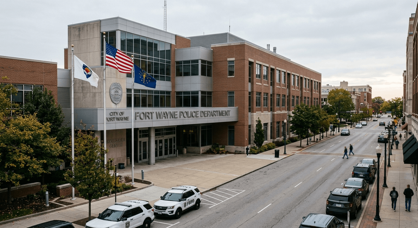 Municipal police building in Fort Wayne, representing the ongoing investigation into the fatal downtown motorcycle hit-and-run.