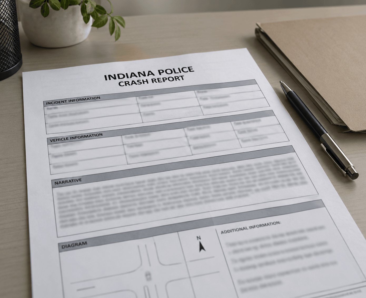 Generic Indiana crash-report paperwork representing records that may document the County Road 43 and County Road 50 rollover.