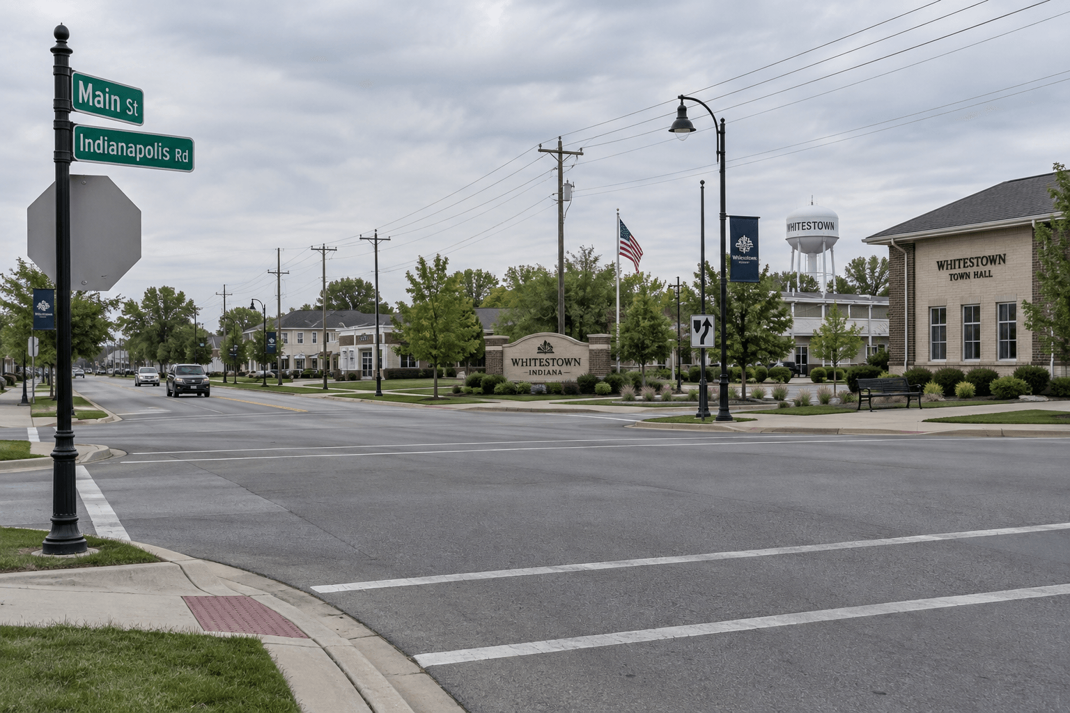 Whitestown town intersection in Boone County, providing context for the reported bicycle crash.