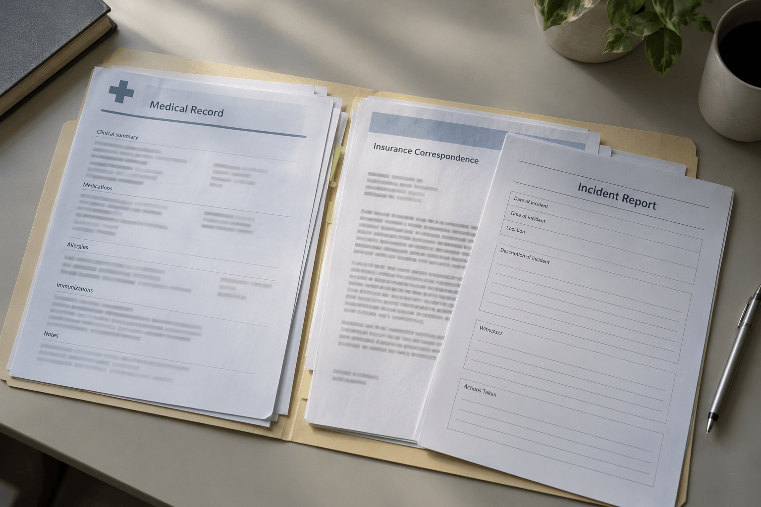 Organized medical and incident records showing the types of documents injured people may preserve after a Michigan City shooting.