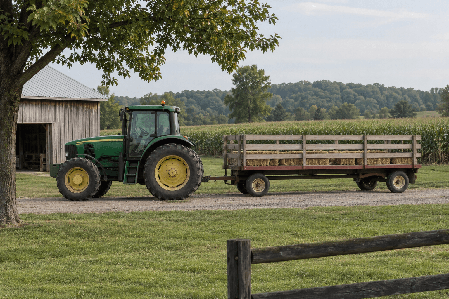 A safely parked tractor and flatbed hayride trailer on private Indiana property, illustrating the type of outing involved in the Terre Haute accident.