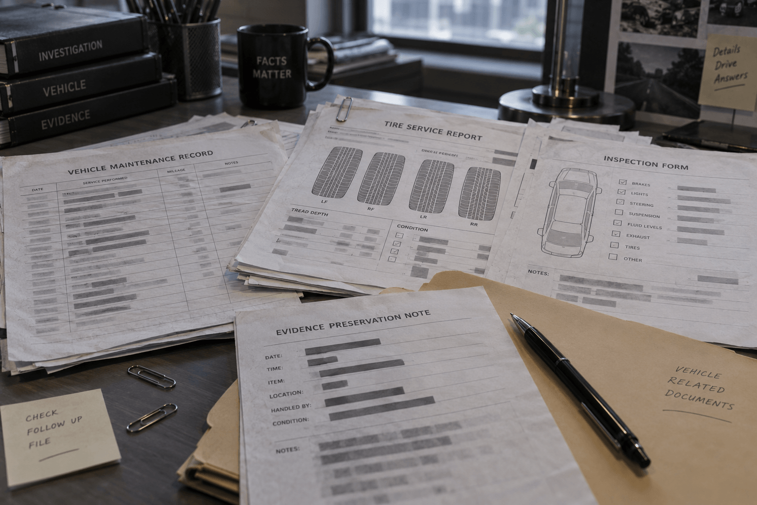 Vehicle service records and tire maintenance documents illustrating evidence that may matter after a DeKalb County rollover crash.