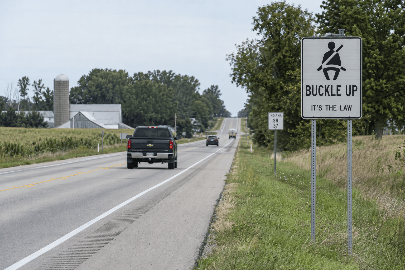 Rural Indiana highway scene illustrating seat belt and attentive-driving safety after the U.S. 231 crash in Tippecanoe County.