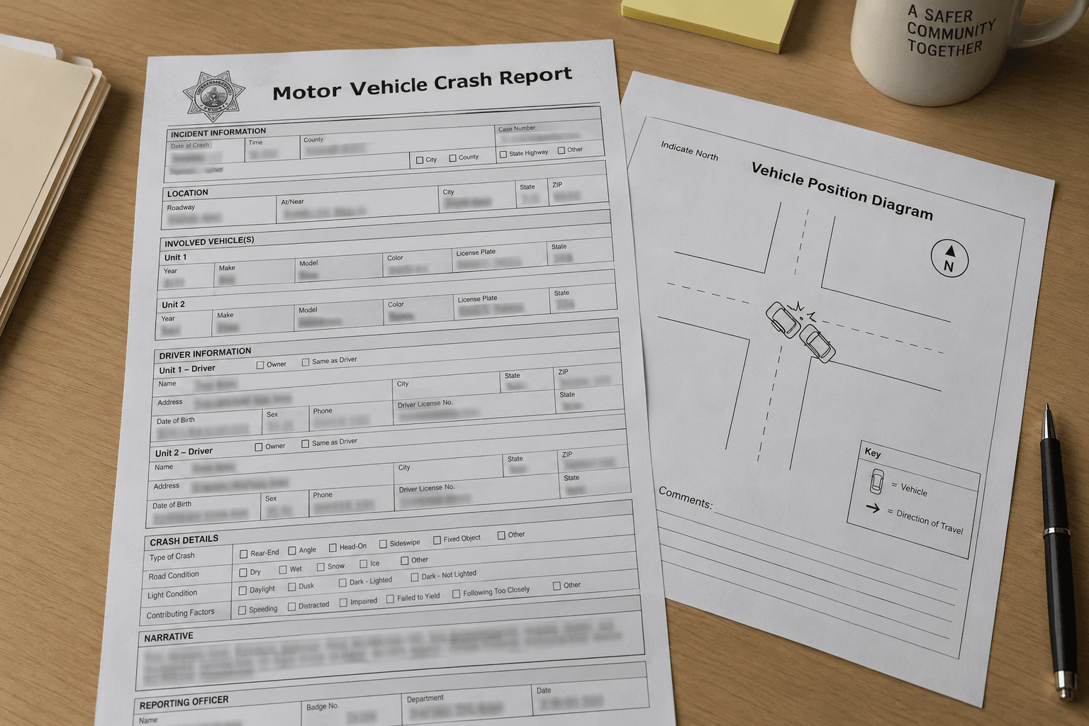A public crash report and vehicle-position diagram representing the evidence reviewed after a multi-vehicle crash in Kosciusko County.