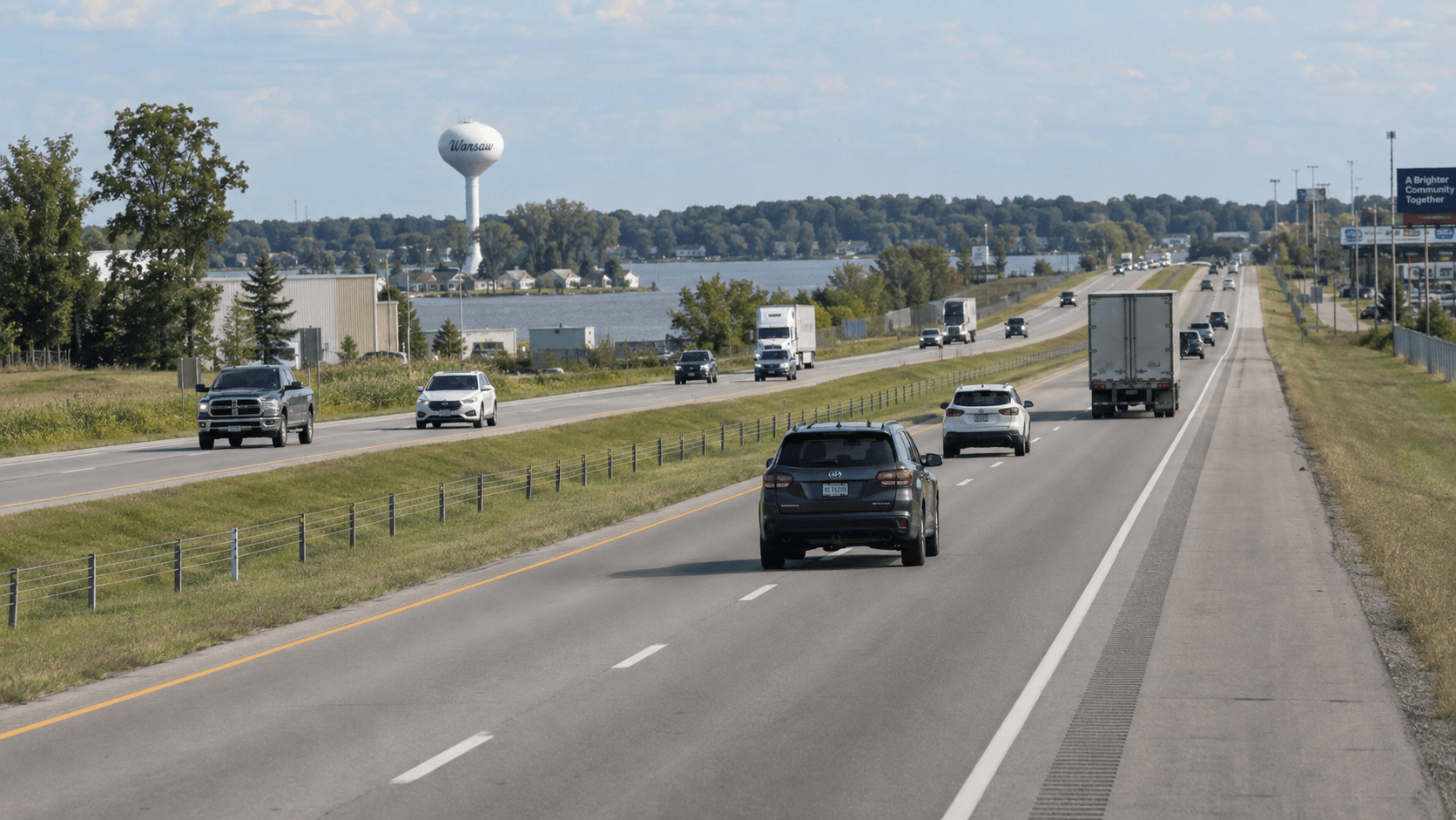 Lane markings and normal traffic on a divided highway near Warsaw, relevant to the U.S. 30 three-vehicle collision.