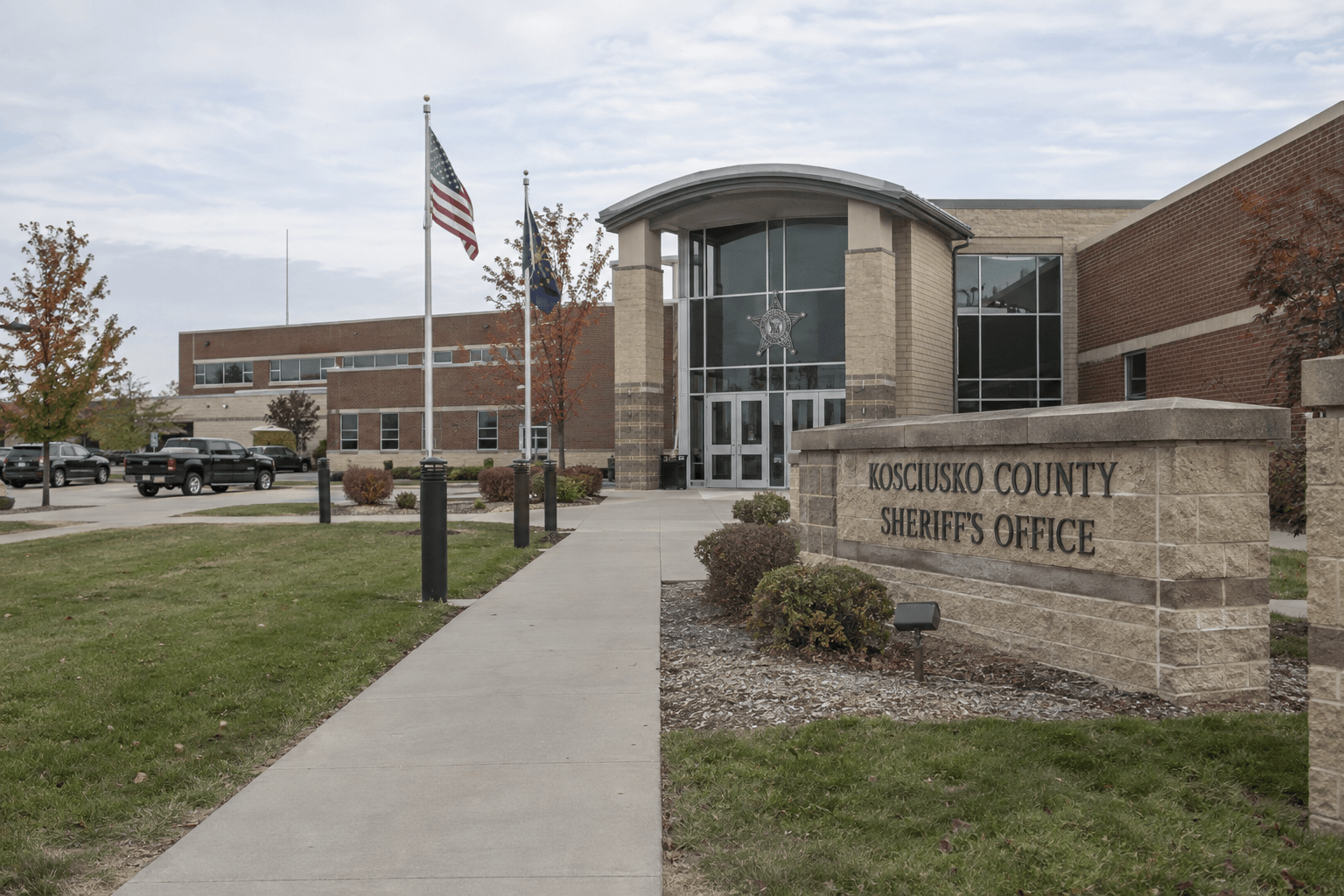 A Kosciusko County public-safety office exterior representing the agency records used to report the U.S. 30 crash near Warsaw.