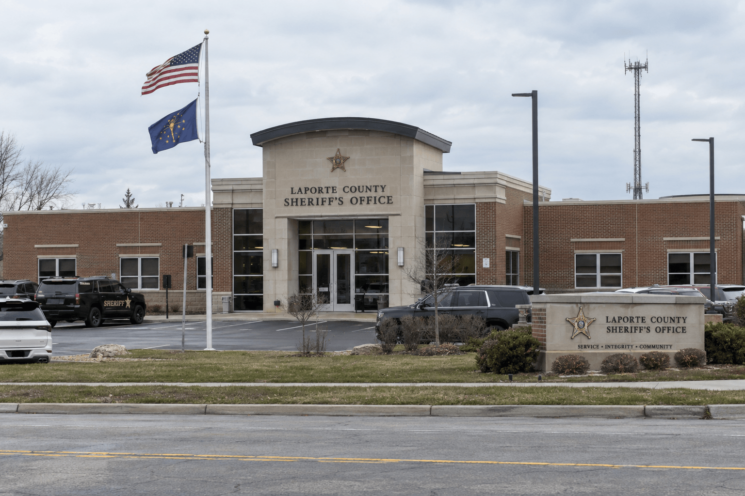 County sheriff's office exterior in LaPorte County, reflecting the ongoing investigation into the Michigan City-area shooting.