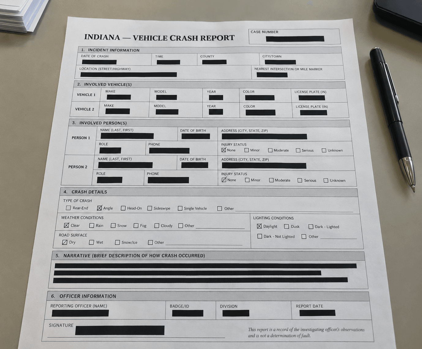 Generic Indiana crash-report paperwork illustrating the records that may document a Warsaw intersection collision.