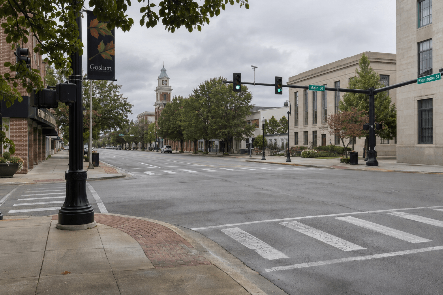 A Goshen city intersection representing the setting of the pedestrian crash at Chicago Avenue and West Pike Street.