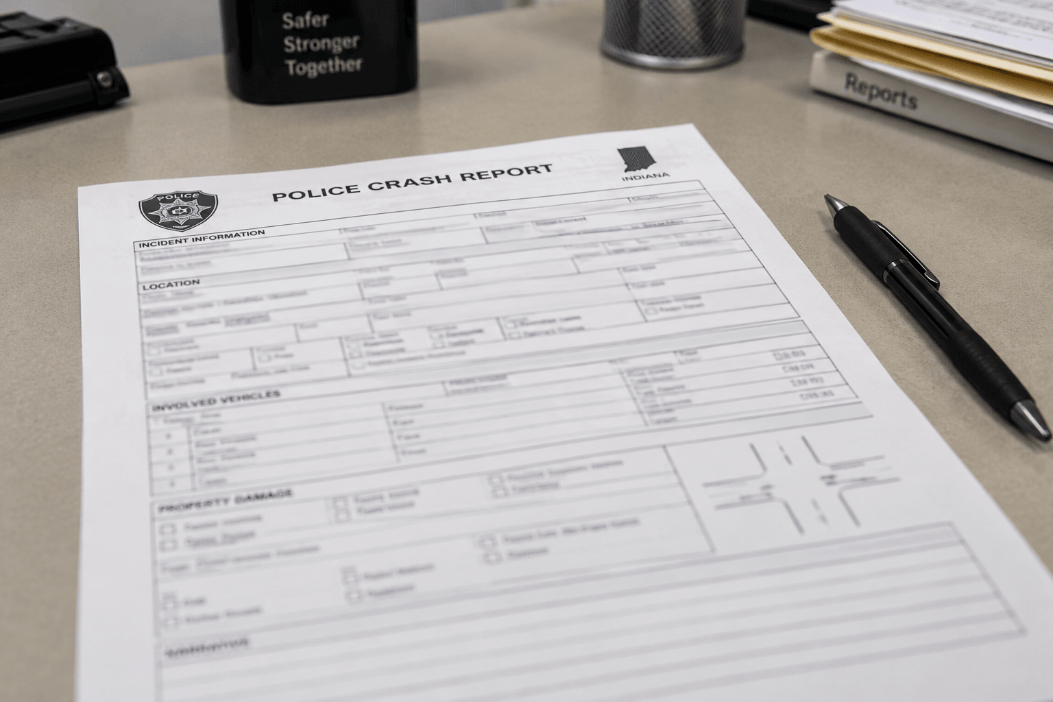 Generic Indiana crash-report paperwork representing records that may document the Goshen collision.