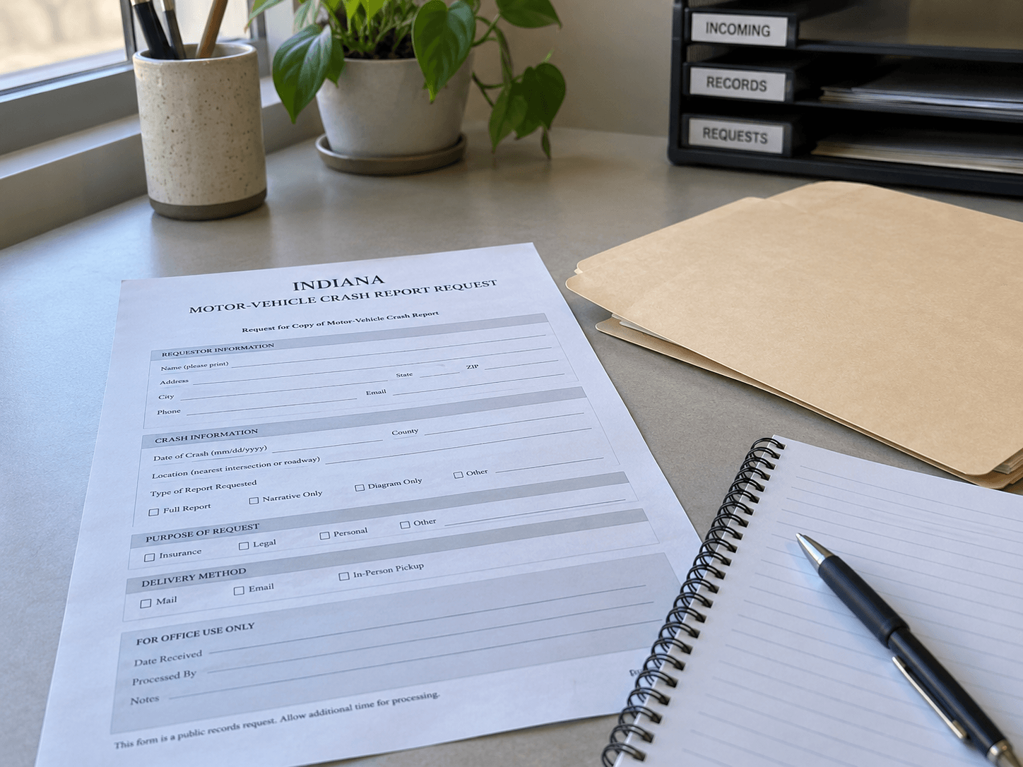 Crash-report and insurance documents illustrating evidence preservation after a commercial-truck collision in Indiana.