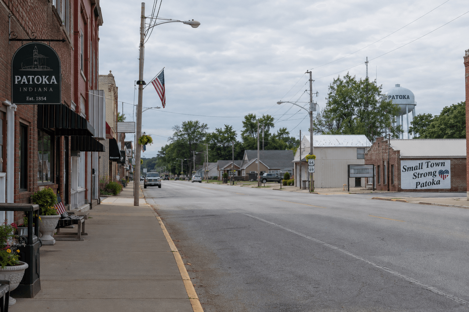 Quiet streetscape in Patoka, Indiana, providing local context for the Gibson County criminal case.
