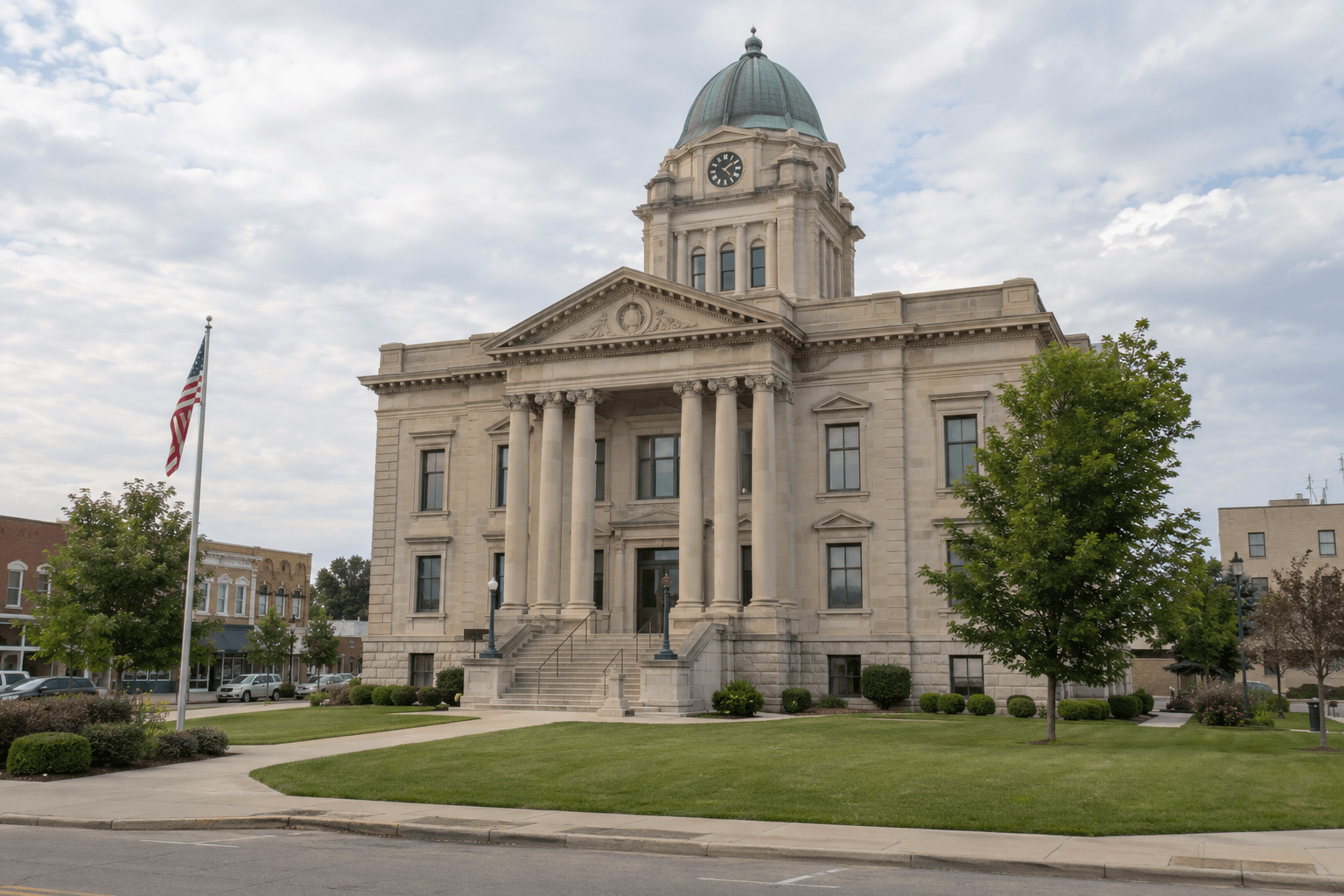 Northeast Indiana county courthouse exterior representing the separate civil and criminal proceedings that may follow a pedestrian crash.