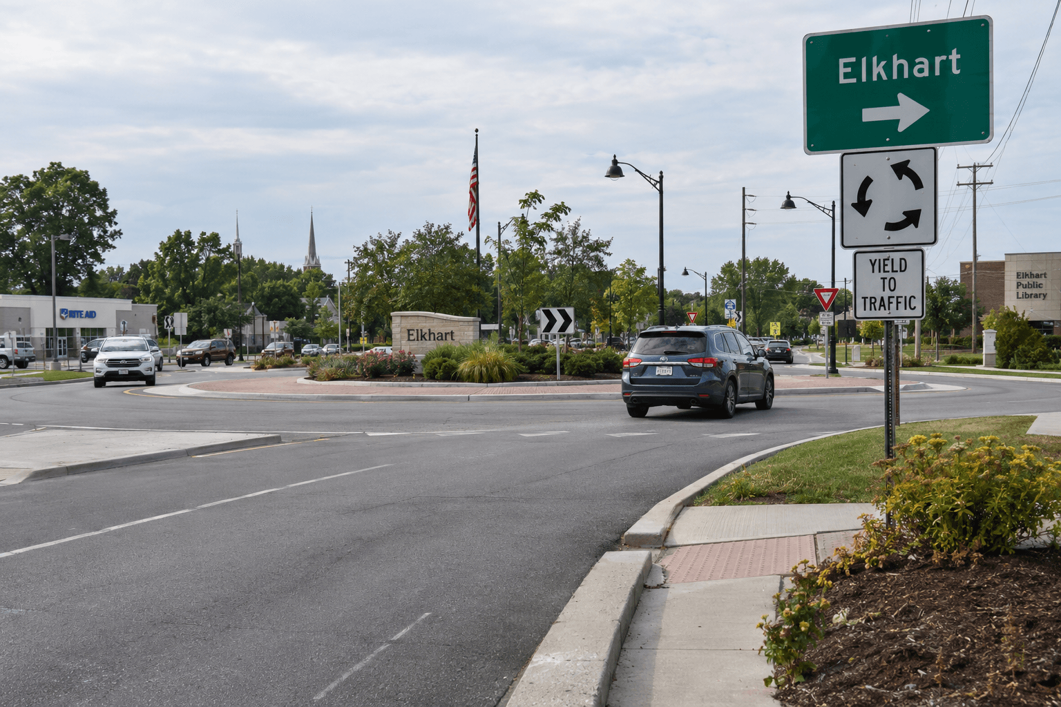 Roadway and roundabout setting near Walorski Parkway in Elkhart, the area of the two-vehicle crash.