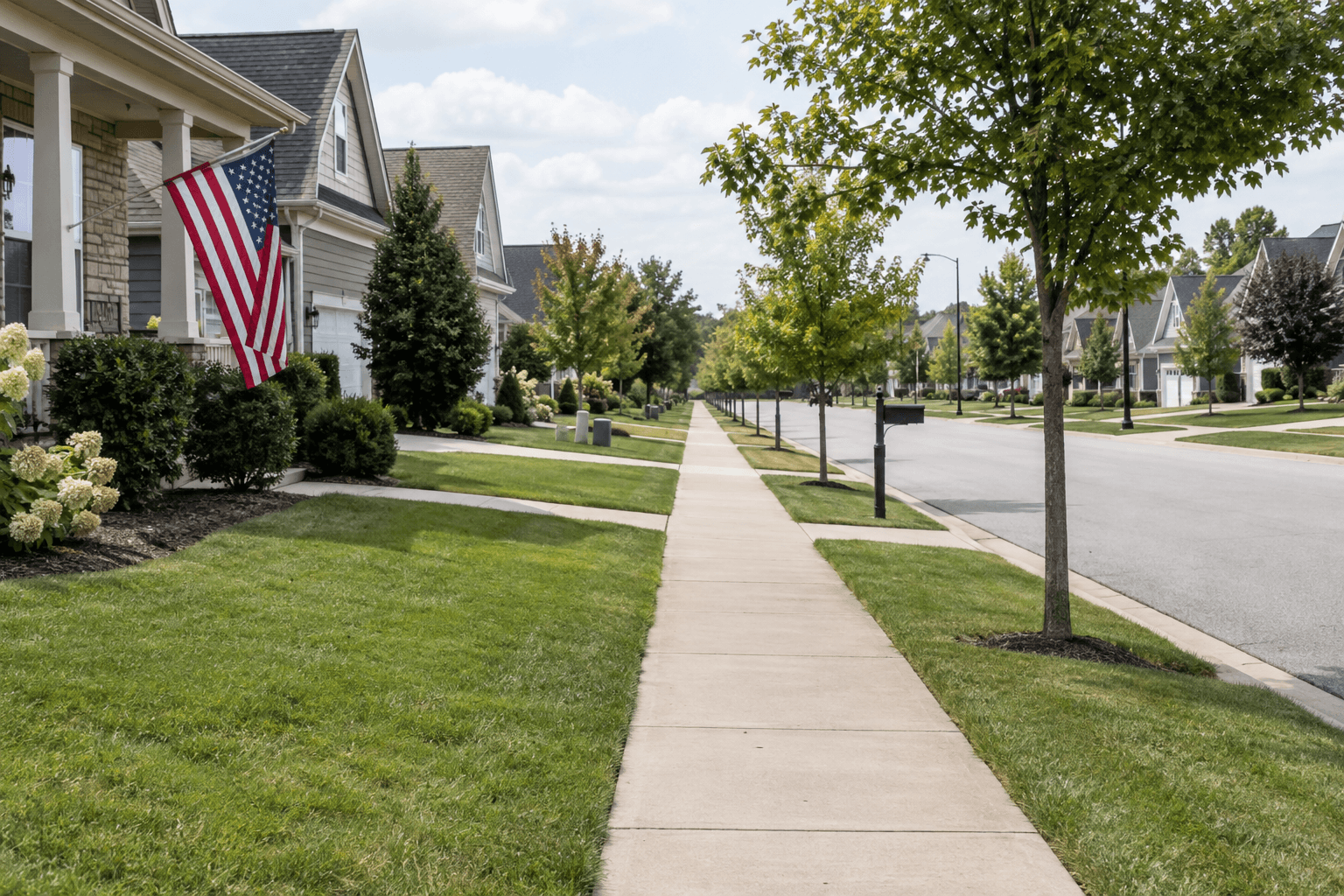 Residential sidewalk in Whitestown, Indiana, representing the area where a woman was reportedly bitten by unleashed dogs.