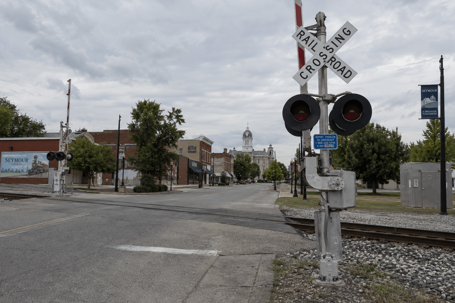 A railroad crossing near Broadway Street in Seymour, Jackson County, where a fatal pedestrian train strike was reported.