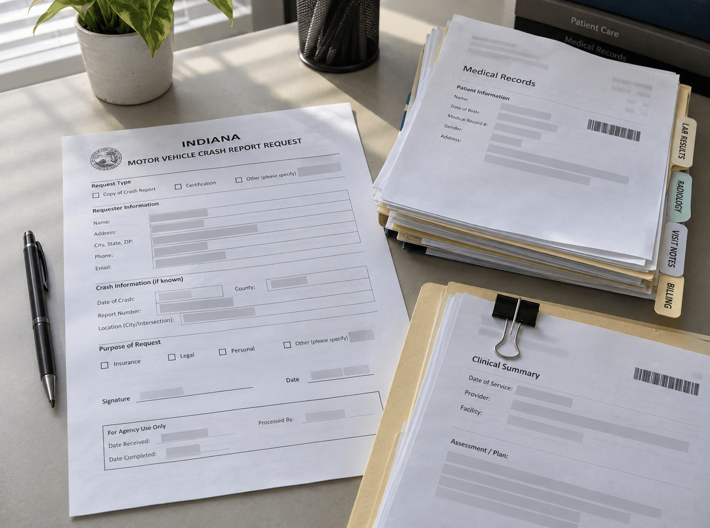 Crash-report and medical-record documents illustrating evidence to preserve after an Elkhart County injury crash.