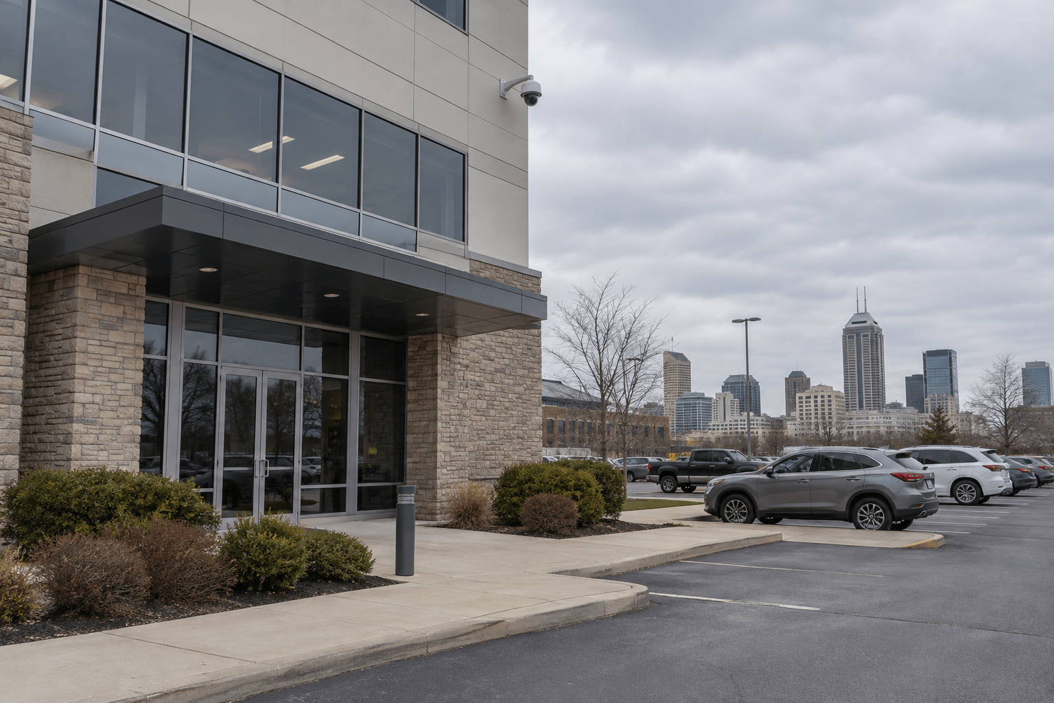 Exterior security camera at an Indianapolis office property, illustrating the surveillance video sought in the North Meridian Street investigation.