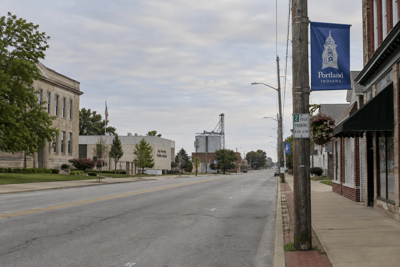 Utility pole beside a Portland, Indiana, street, illustrating the reported Park Street garbage truck pinning incident.