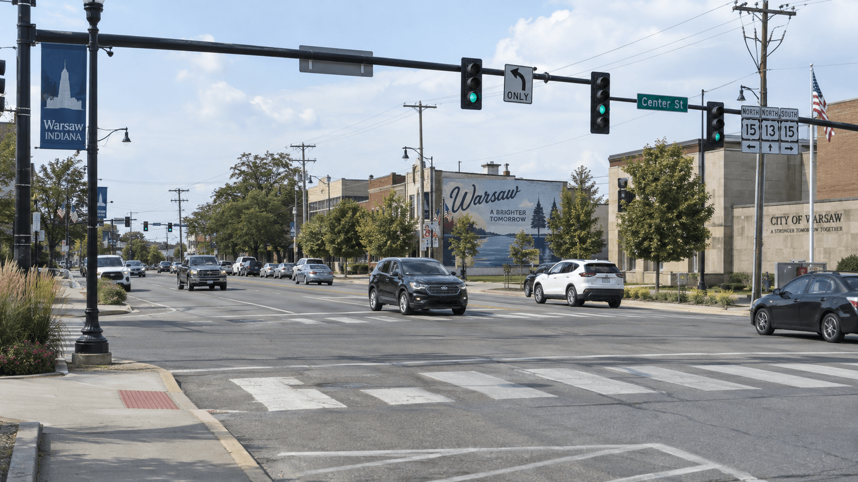 Warsaw intersection streetscape representing the location of the reported rear-end crash at State Road 15 and Canal Street.
