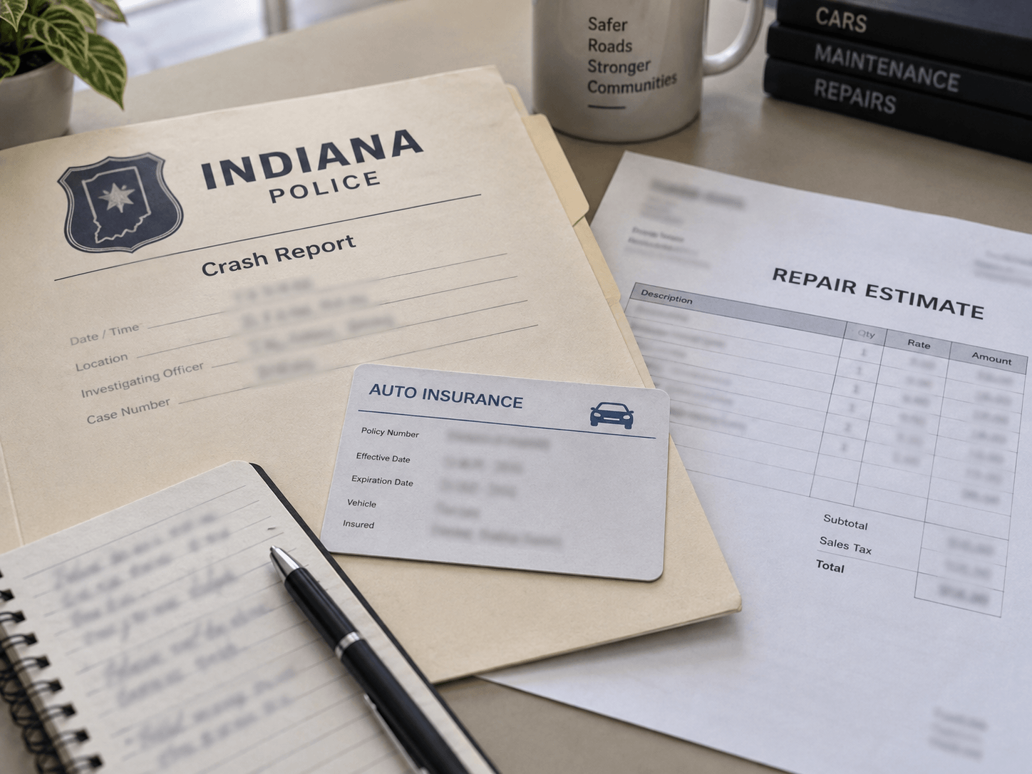 Crash-report and insurance documents illustrating records that may matter after a Warsaw rear-end crash.