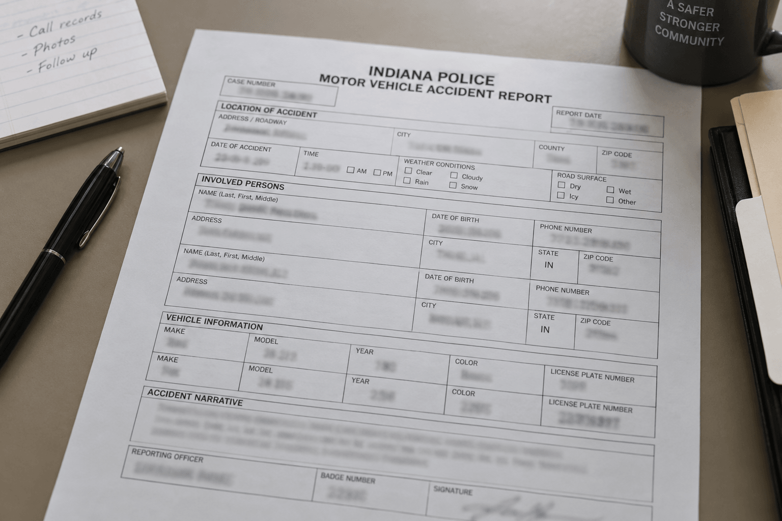 Generic Indiana accident report representing the Warsaw Police Department record used to document the Kosciusko County crash.