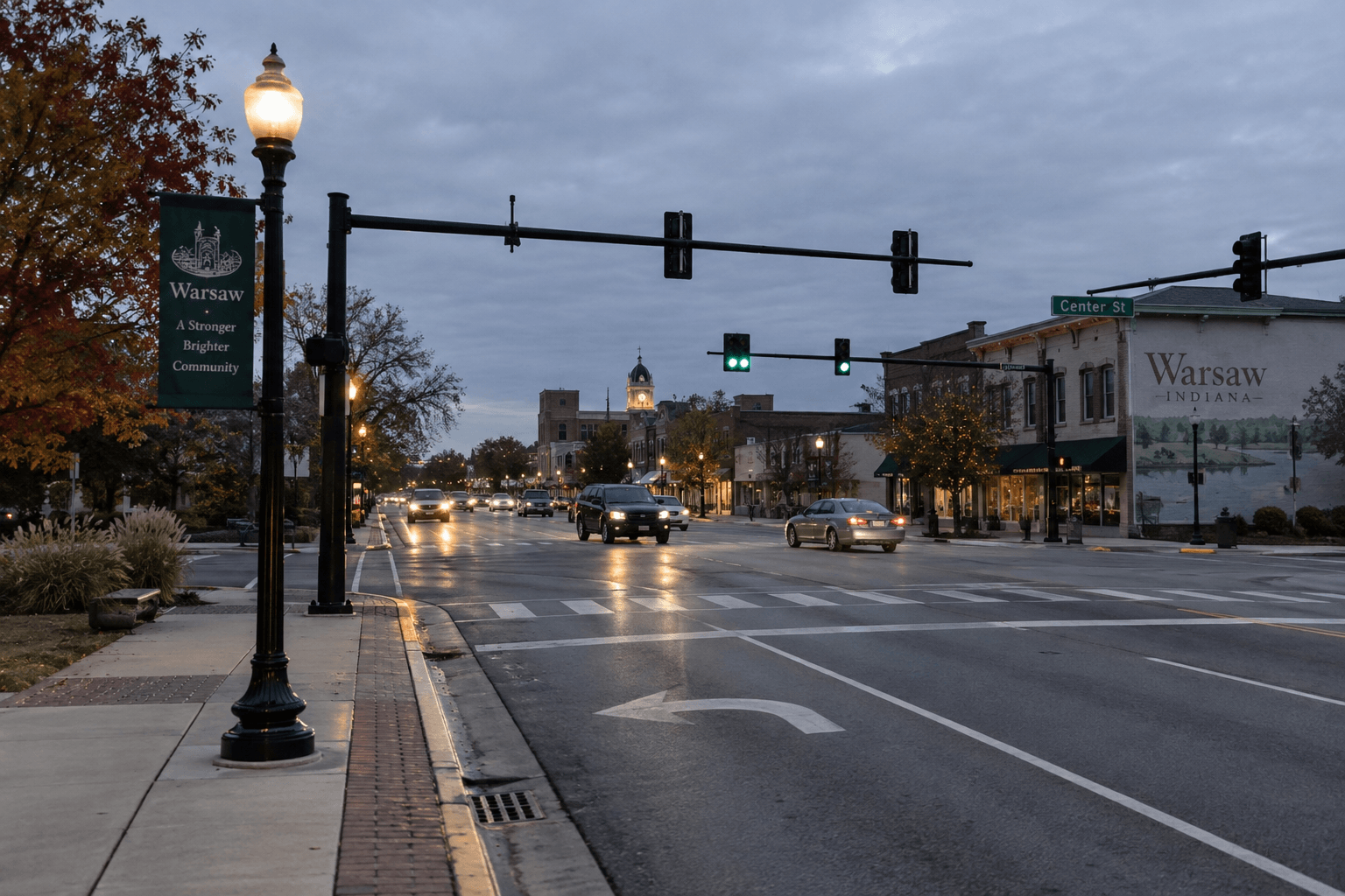 Warsaw intersection roadway illustrating the setting of the pedestrian crash at Center Street and Prosperity Drive.