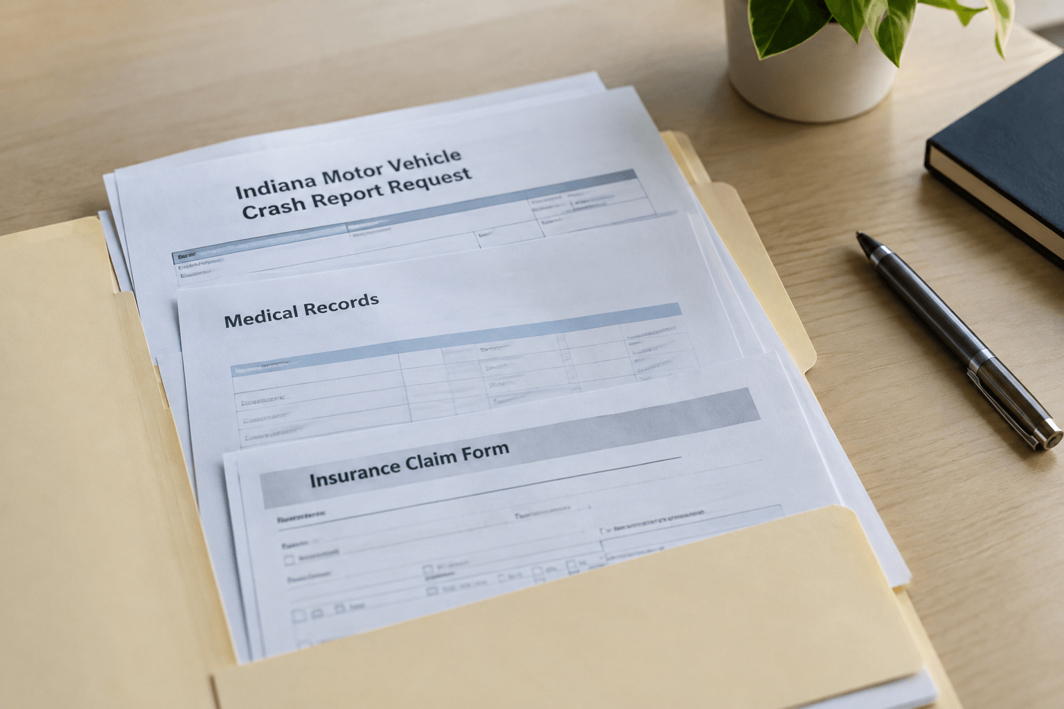 Crash report, medical, and insurance records representing evidence to preserve after a Warsaw pedestrian accident.